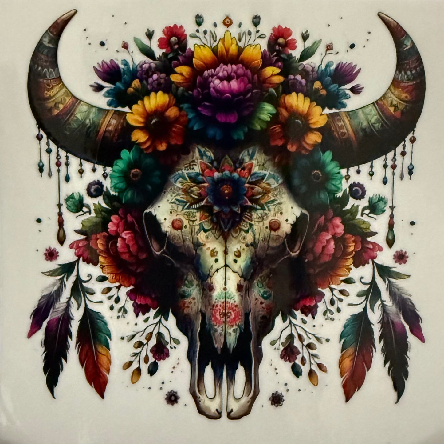 Cow skull flowers and feathers