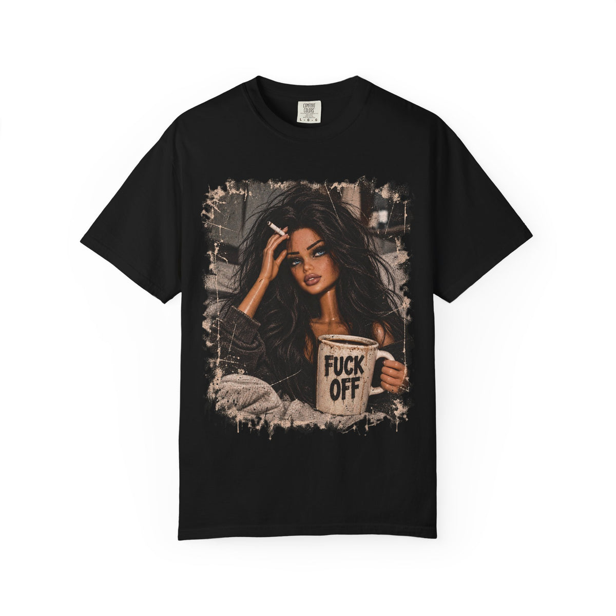 Graphic Tee — Sassy Woman with 'Fuck Off' Coffee Mug