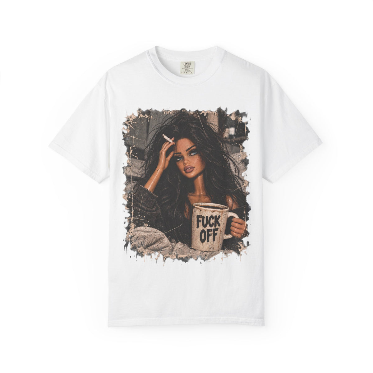 Graphic Tee — Sassy Woman with 'Fuck Off' Coffee Mug