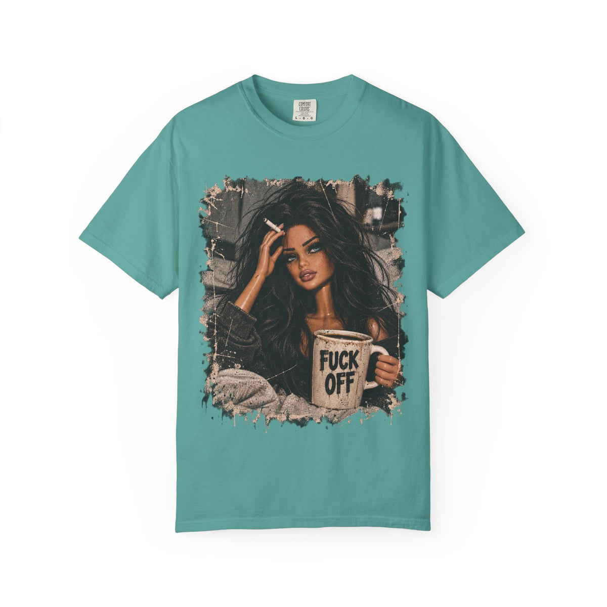 Graphic Tee — Sassy Woman with 'Fuck Off' Coffee Mug