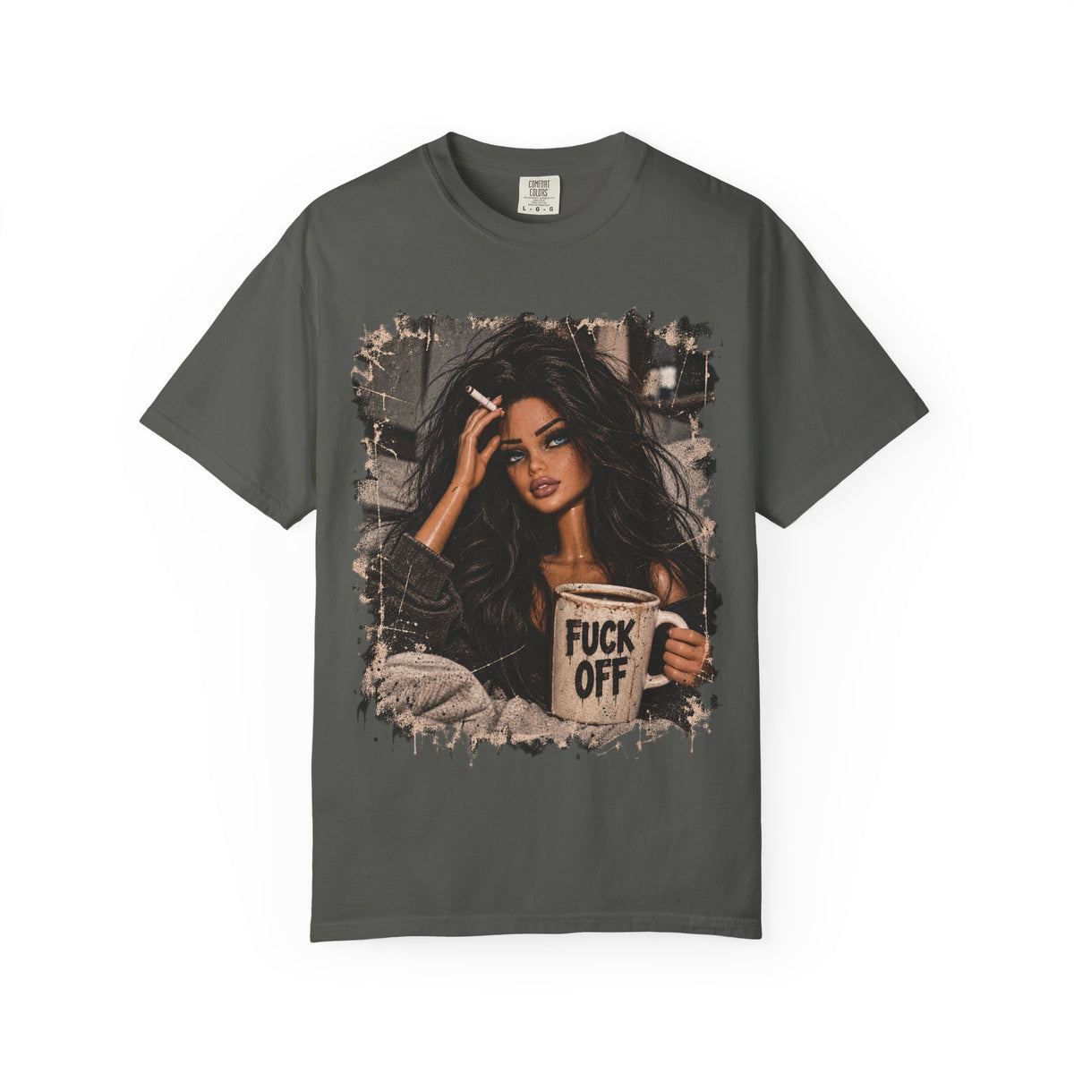 Graphic Tee — Sassy Woman with 'Fuck Off' Coffee Mug