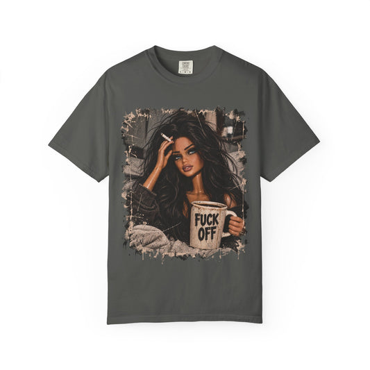 Graphic Tee — Sassy Woman with 'Fuck Off' Coffee Mug