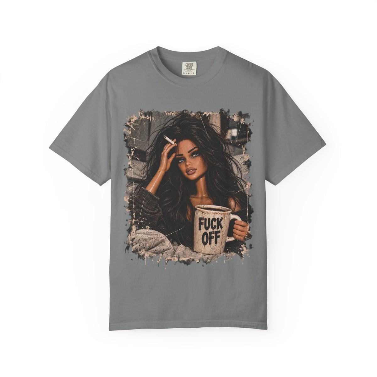 Graphic Tee — Sassy Woman with 'Fuck Off' Coffee Mug