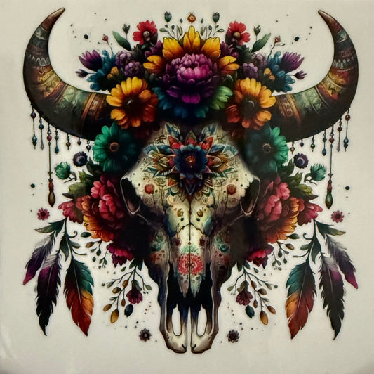 Cow skull flowers and feathers