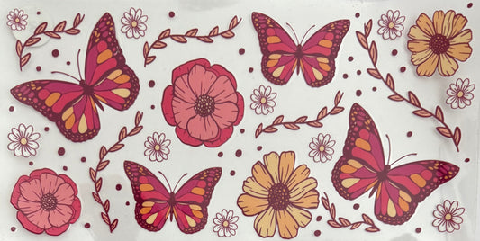 Pink orange flowers & butterflies