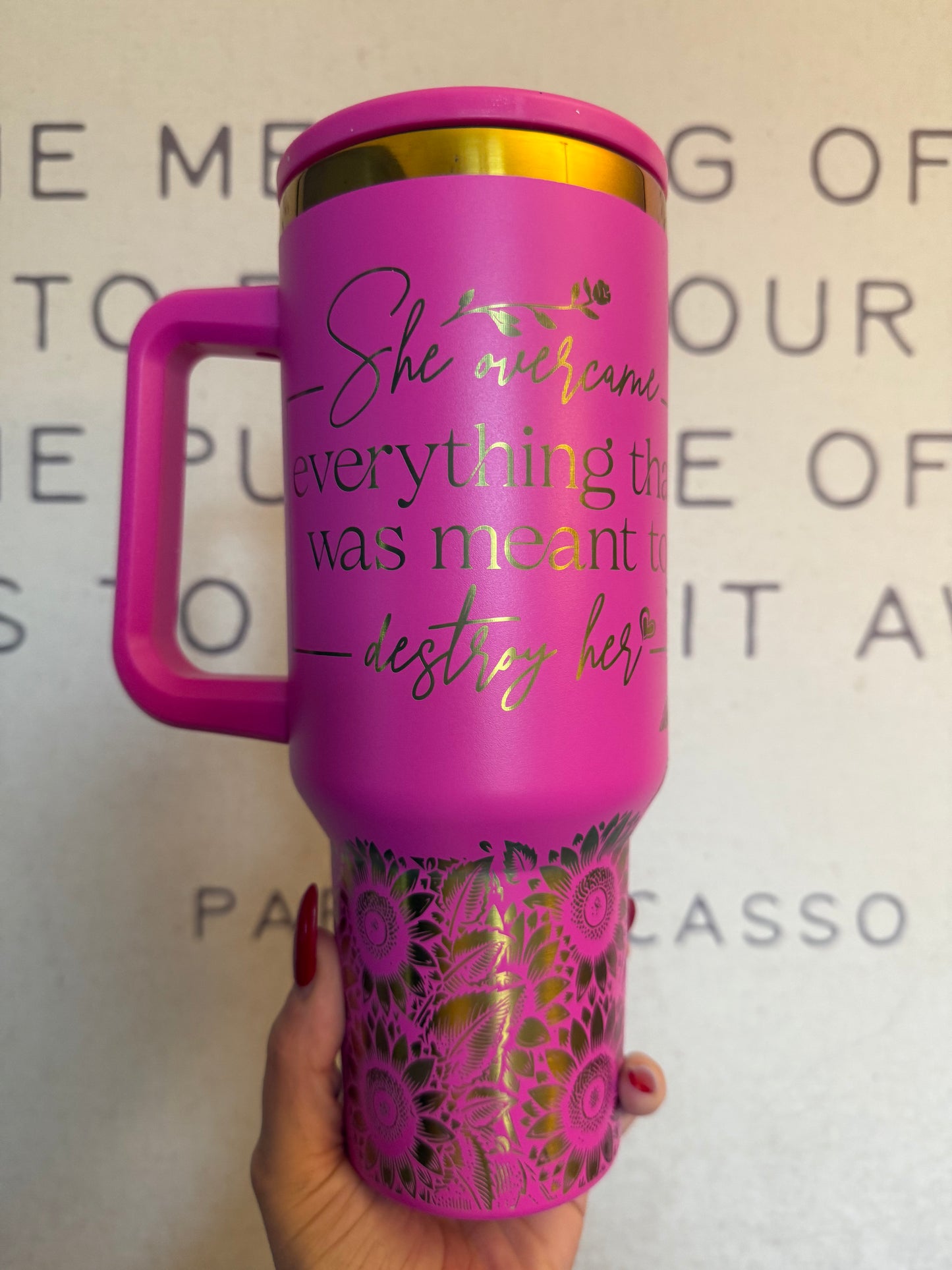 40oz she over came laser engraved tumbler